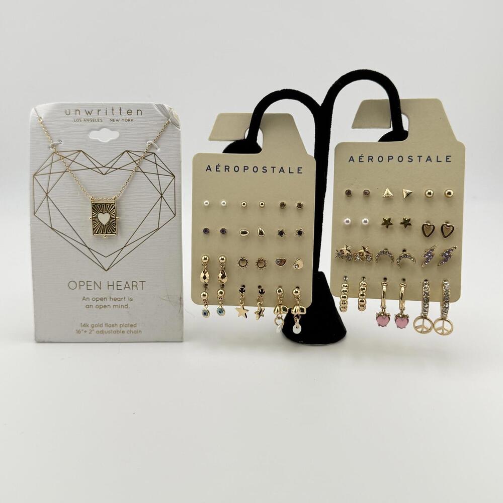Aeropostale Earring Set + Unwritten 14k FP Open Heart Necklace New in Packaging